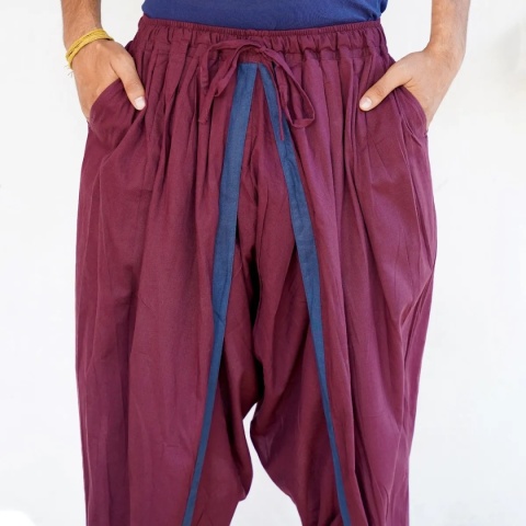 Spodnie Dhoti z kieszeniami – głęboka śliwka – (unisex) bawełna organiczna ISHA