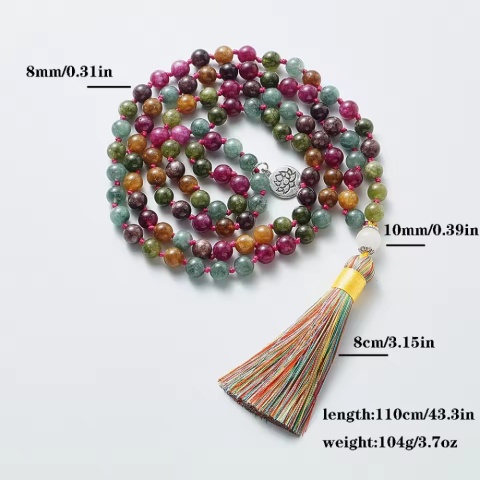 Japa Mala 108 – Wielobarwny Turmalin i Symbol Lotosu