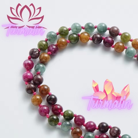Japa Mala 108 – Wielobarwny Turmalin i Symbol Lotosu