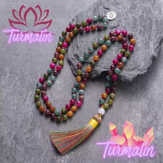 Japa Mala 108 – Wielobarwny Turmalin i Symbol Lotosu