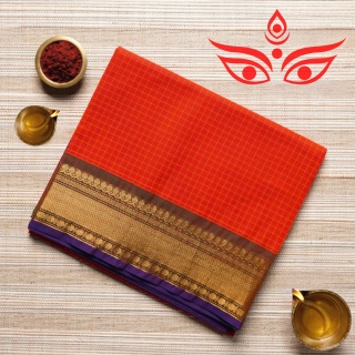 Saree Scarlet Red, Gold, & Deep Violet Konsekrowane Sari Bawełna Devi DUŻE