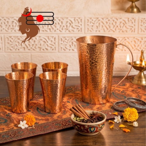 Młotkowany Zestaw Miedziany: Dzbanek 1,5L + 4 Szklanki Copper ISHA