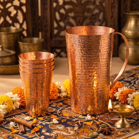 Młotkowany Zestaw Miedziany: Dzbanek 1,5L + 4 Szklanki Copper ISHA