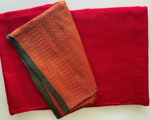 Fiery Red & Gold Cotton Energized Saree Konsekrowane Sari Bawełna Devi DUŻE