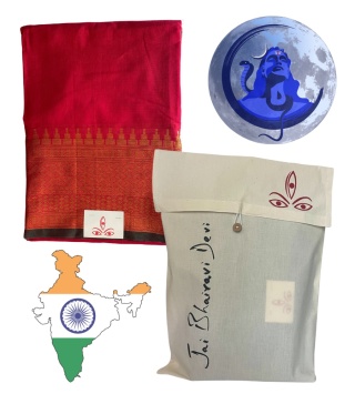 Fiery Red & Gold Cotton Energized Saree Konsekrowane Sari Bawełna Devi DUŻE