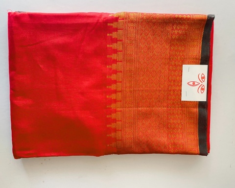 Fiery Red & Gold Cotton Energized Saree Konsekrowane Sari Bawełna Devi DUŻE